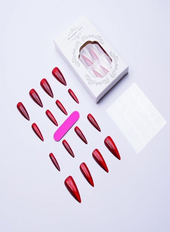 TOGZOM Red Press on Nails Long Stiletto Fake Nails Red Cat Eye False Nails with Design Glitter Glue on Nails Full Cover Stick on Nail Shiny Artificial Acrylic Nail for Women Manicure 24Pcs - Image 2